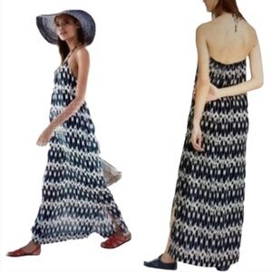 J Crew NWOT Blue White Boho Ikat Backless Maxi Halter Sun Dress Size M